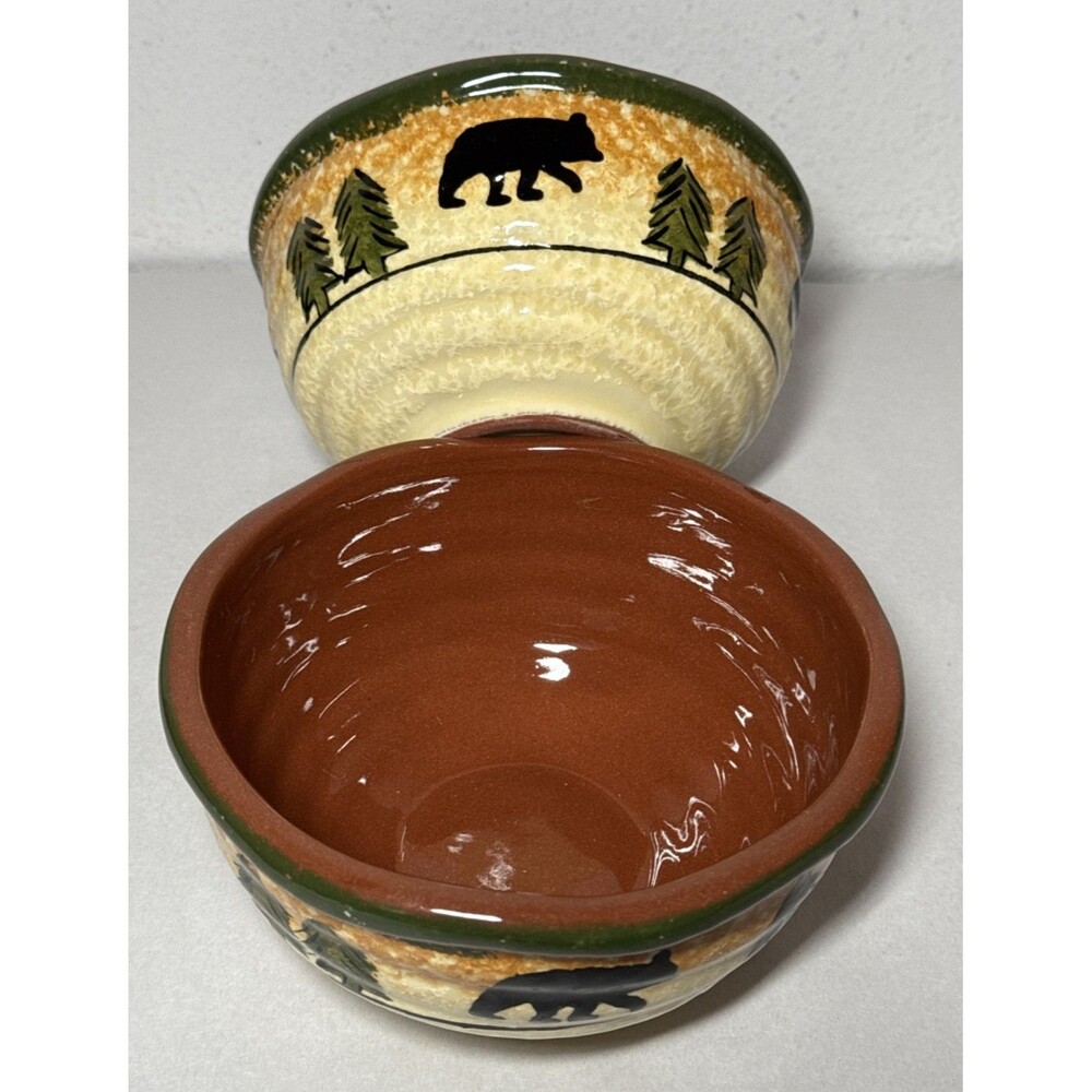 Pair 2 HiEnd ACCENTS Rustic Bear Stoneware Hand Painted 6” Soup Cereal Bowls